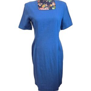 Vintage 80s 90s Lindsey Scott Blue Midi Sheath Dress 10 Secretary Office Casual
